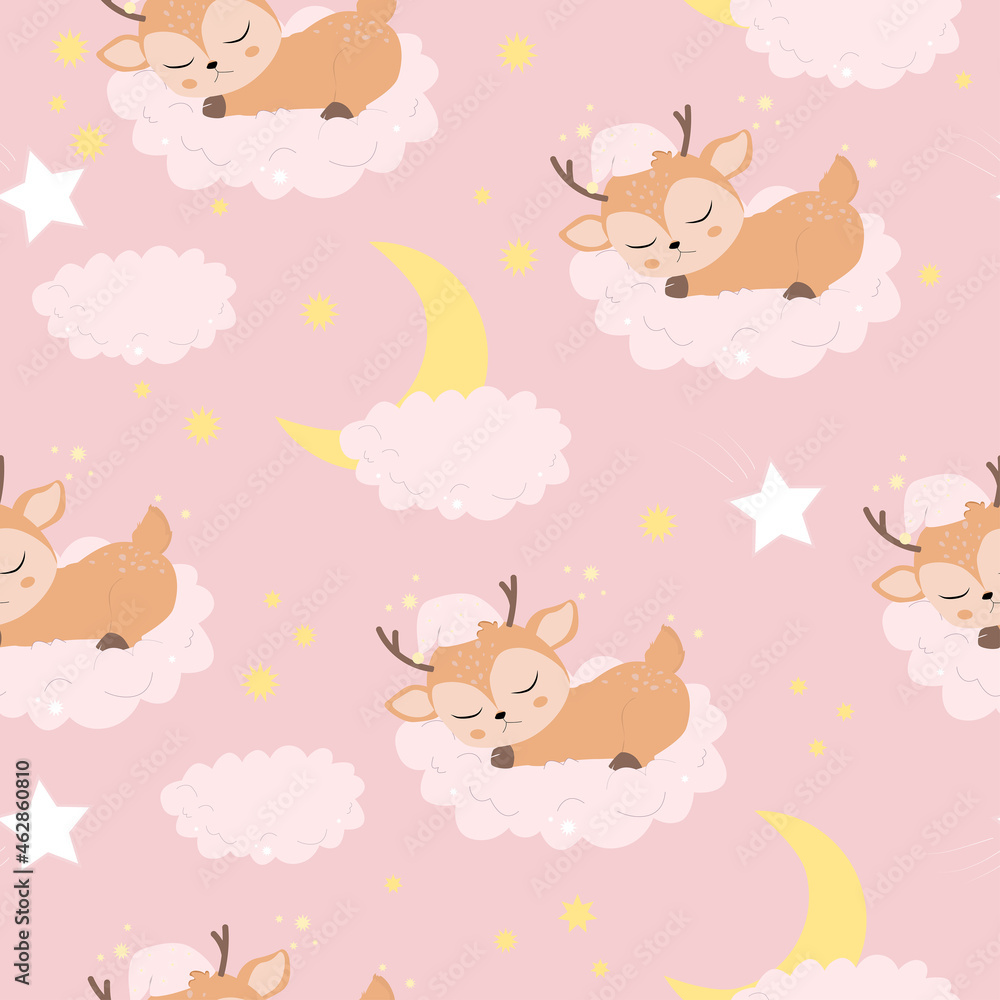Children's illustration with sleeping fawn. Use for wall prints, pillows, children's interior decoration, baby clothes and shirts, greeting cards, vector and others.