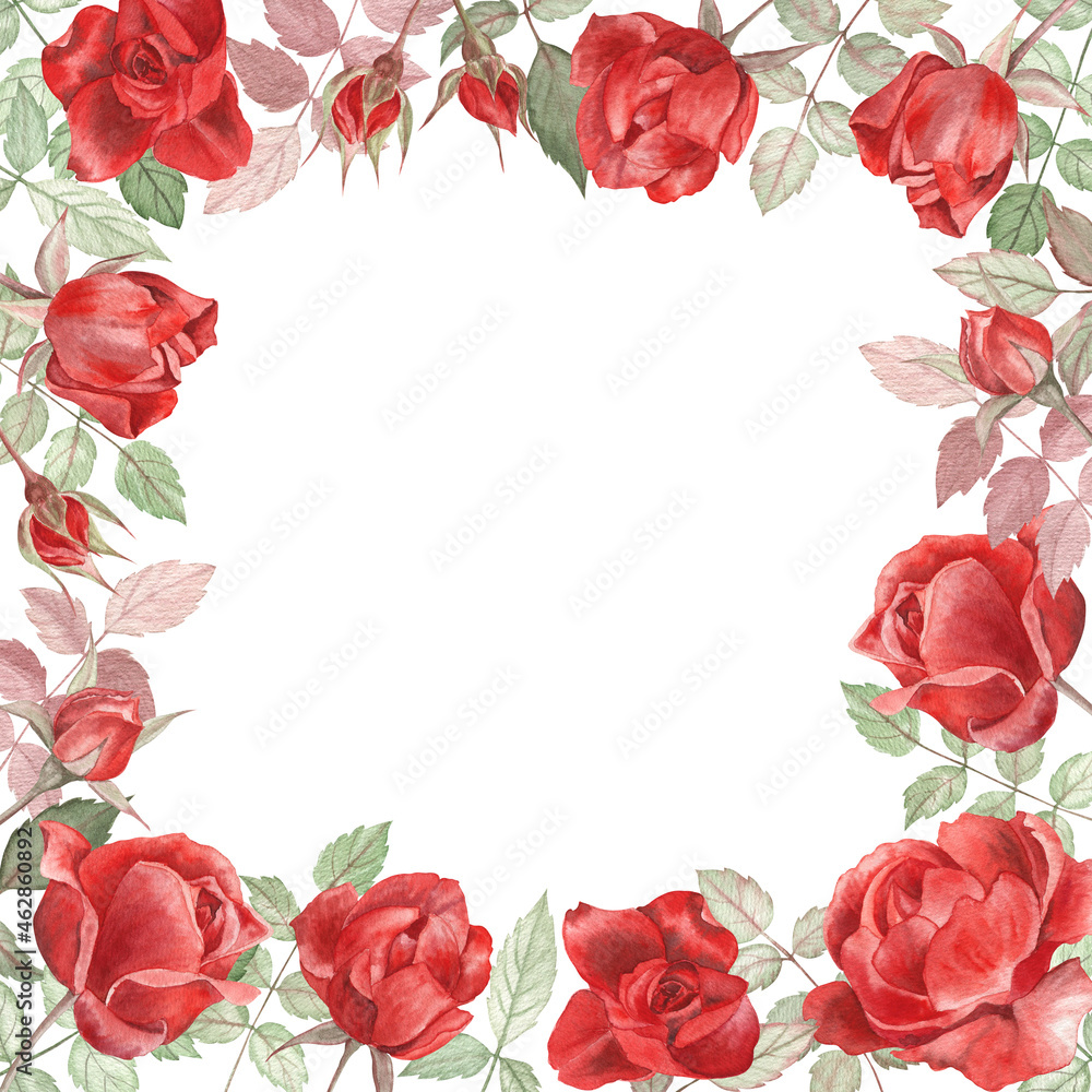 custom made wallpaper toronto digitalFloral frame of red roses painted in watercolor. For greeting cards and invitations; for wedding and Valentine's Day decorations. 