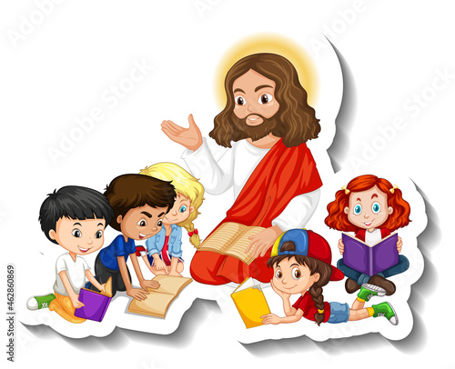 Jesus Christ with children group sticker on white background