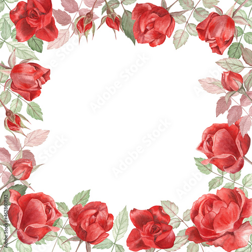 Wallpaper Mural Floral frame of red roses painted in watercolor. For greeting cards and invitations; for wedding and Valentine's Day decorations.  Torontodigital.ca