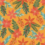 Flowers, leaves, berries and spruce branches. New Years design of fabric, packaging, gift paper. Seamless pattern.