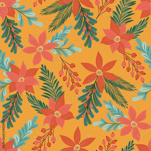 Flowers, leaves, berries and spruce branches. New Years design of fabric, packaging, gift paper. Seamless pattern.
