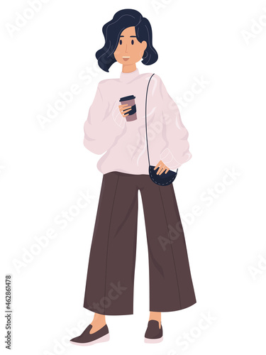 Woman in stylish clothes. Fashionable girl demonstrates street clothes, vector illustration on a white background
