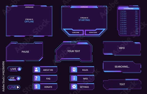 Digital futuristic ui panels and buttons, game live stream. Neon HUD frames, leaderboard, menu and bars for video streaming show vector set
