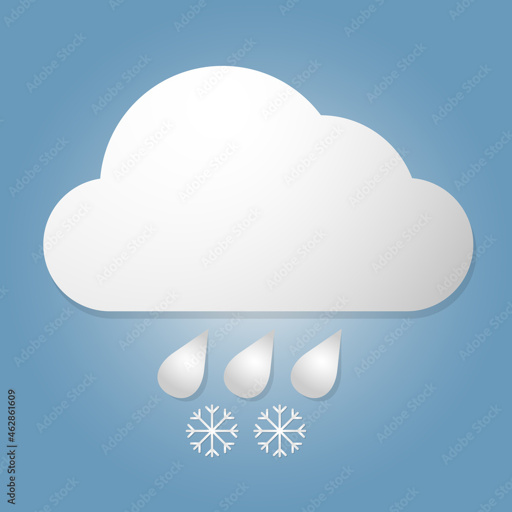 Cloud with snowflakes and rain drops on blue background. Weather icon. Cloud with snowflakes and rain drops on blue background. Weather icon.