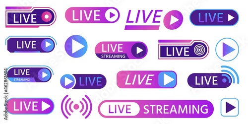 Live icons for game streaming, tv broadcasting, show or news on air. Buttons and bars for social media, online living video event vector set