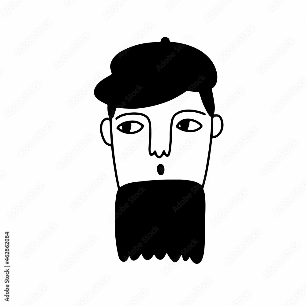 Doodle bearded whistles face. Hand-drawn outline human isolated on white background. Funny Avatar. Cartoon young man. Male cute portrait with Hairstyle, beard, cap. Vector character illustration