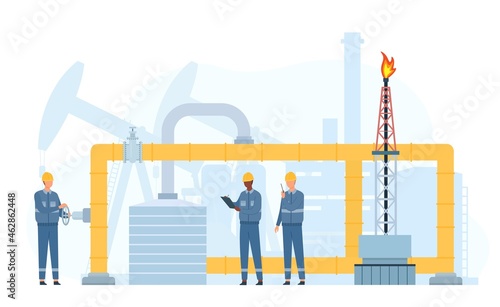 Engineers repair and service oil or gas transportation pipeline. Petrol industry workers check valve. Metal pipes maintenance vector concept
