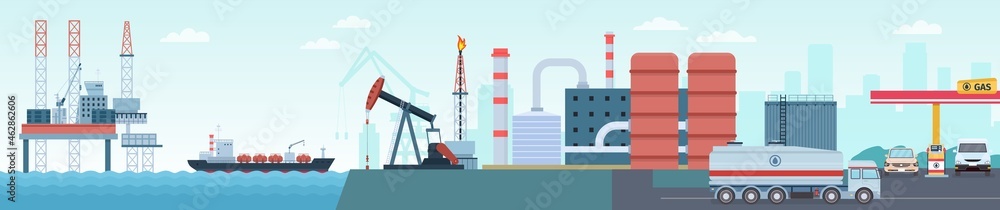 Oil petroleum industry extraction, production and transportation infographic. Sea rig, tanker, refinery plant and gas station vector concept - obrazy, fototapety, plakaty 