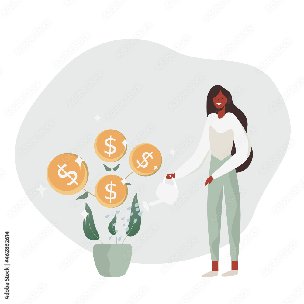 Plant money coin tree growth for Investment Concept. income salary rate increase concept with people character and dollar symbol. Vector. Plant money coin tree growth for Investment Concept. income salary rate increase concept with people character and dollar symbol. Vector.