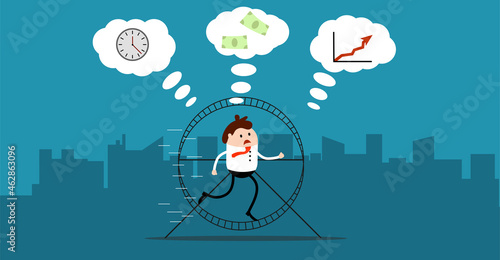 Businessman Running From Home to Work in a Hamster Wheel. Concept of overworking and rat race.