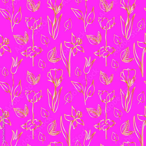 Seamless vector pattern with gold flowers on glamorous pink background. Repeating, summer, bright hand drawn in doodle style.Design for textiles, fabric,wrapping paper, scrapbook paper, packaging. © Мария Минина