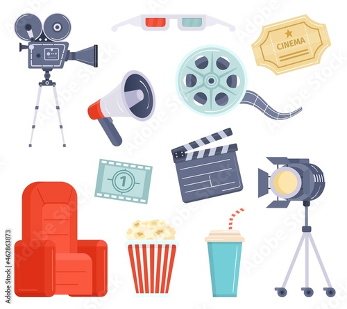Flat movie watching and production element, cinema ticket, film and popcorn. Cartoon video camera, director megaphone and clapper vector set