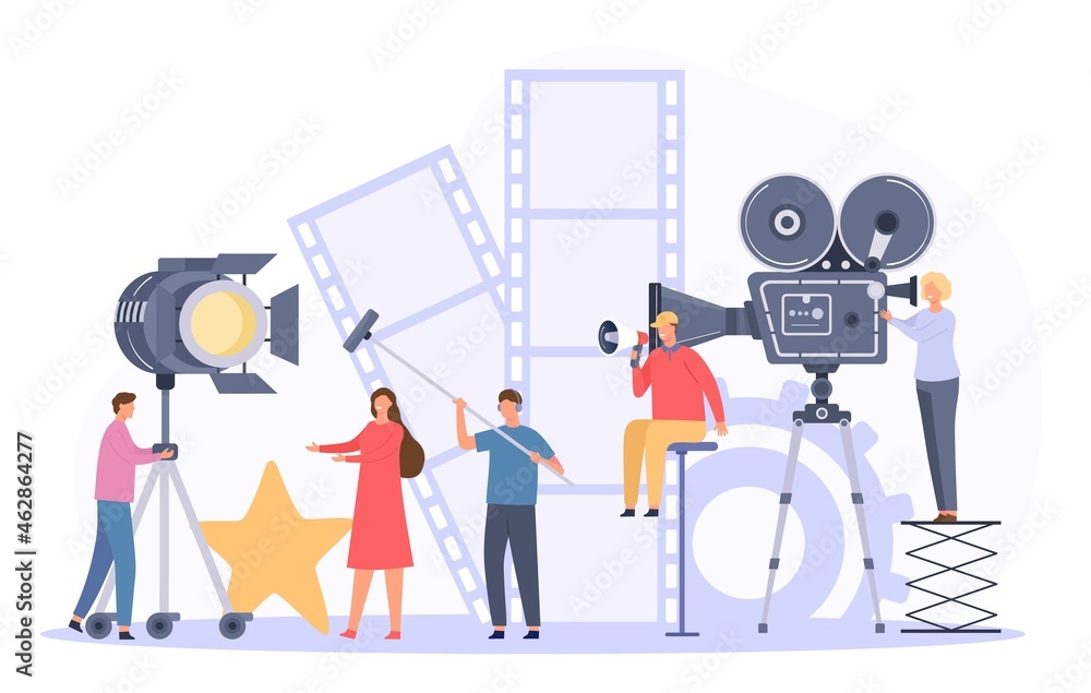 Movie production team shooting film actor on camera. Flat cinema director  and crew record video scene. Movie making industry vector concept  Stock-Vektorgrafik | Adobe Stock