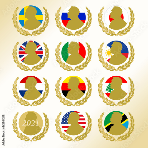 Nobel Prize symbols winners 2021 with national falgs, vector illustration photo