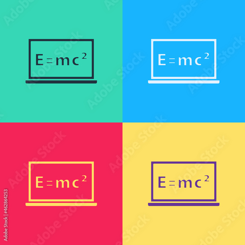 Pop art Math system of equation solution on chalkboard icon isolated on color background. E equals mc squared equation on computer screen. Vector
