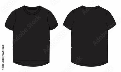 Flat Short sleeve T-shirt Technical sketch fashion template for Women's. Vector art illustration Clothing back color mock up front and back views Isolated on white background. Easy Edit customizable