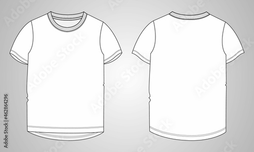 Flat Short sleeve T-shirt Technical sketch fashion template for Women's. Vector art illustration Clothing mock up front and back views. Easy Edit customizable