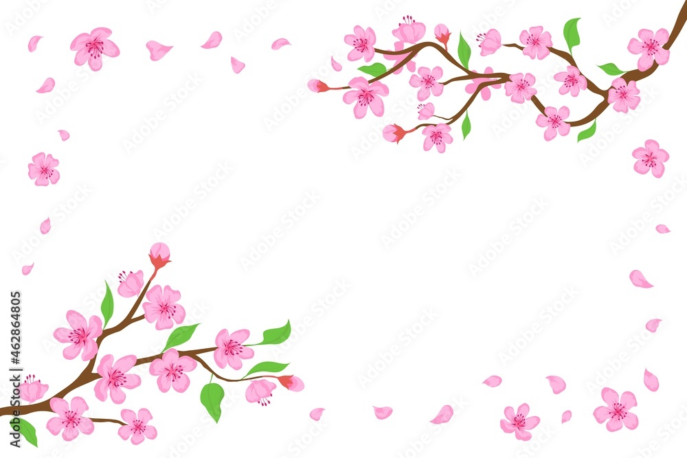 Cartoon japanese cherry blossom and falling petals background. Sakura branches with pink flowers banner Blooming spring tree vector frame