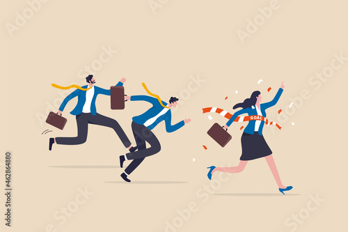 Woman success story, female leadership or business victory, gender equality, feminism power to win competition concept, confident businesswoman reach finishing line win competition over men colleague.