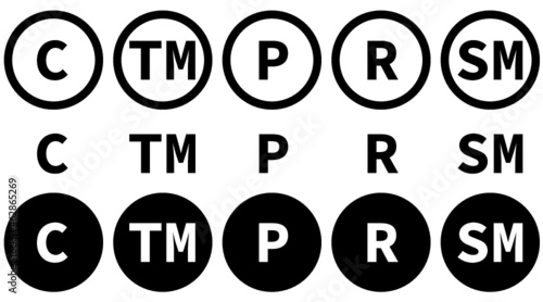 copyright symbols trademark, registered trademark, service mark, phonogram icons, vectors