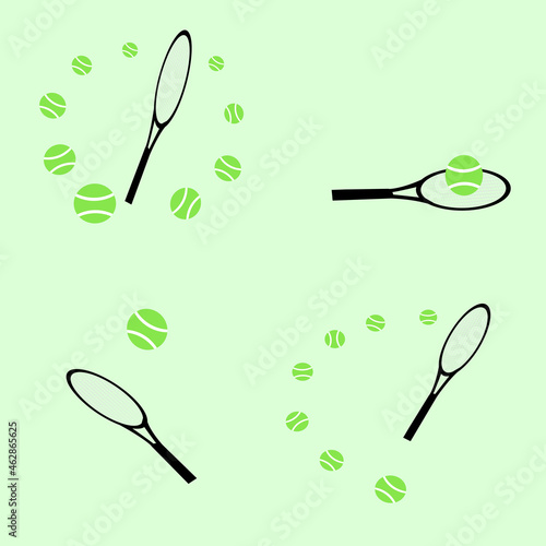 set of big tennis. Tennis racket and green balls in different angles, set, game, match, serve, ball reception, sports game. Vector illustration in flat style for banners, mobile applications, website