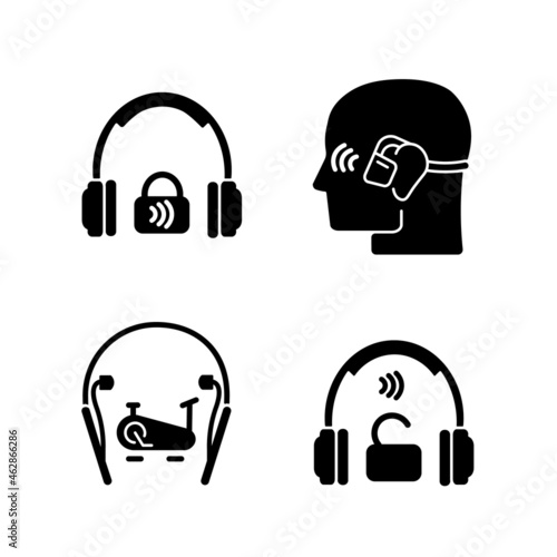 Wireless headphones black glyph icons set on white space. Professional on ear headset. In ear earphones for sport activity. Handsfree device. Silhouette symbols. Vector isolated illustration