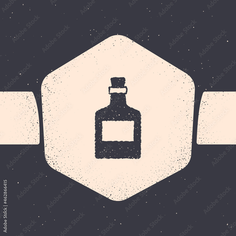 Grunge Alcohol drink Rum bottle icon isolated on grey background. Monochrome vintage drawing. Vector Grunge Alcohol drink Rum bottle icon isolated on grey background. Monochrome vintage drawing. Vector
