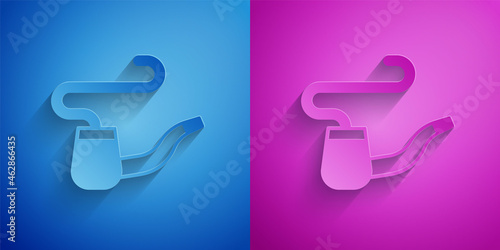 Paper cut Smoking pipe with smoke icon isolated on blue and purple background. Tobacco pipe. Paper art style. Vector