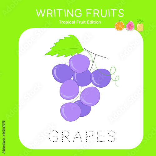 Illustration of worksheet writing practice tropical fruit. Educational printable worksheet. Exercises lettering game for kids. Vector illustration.
