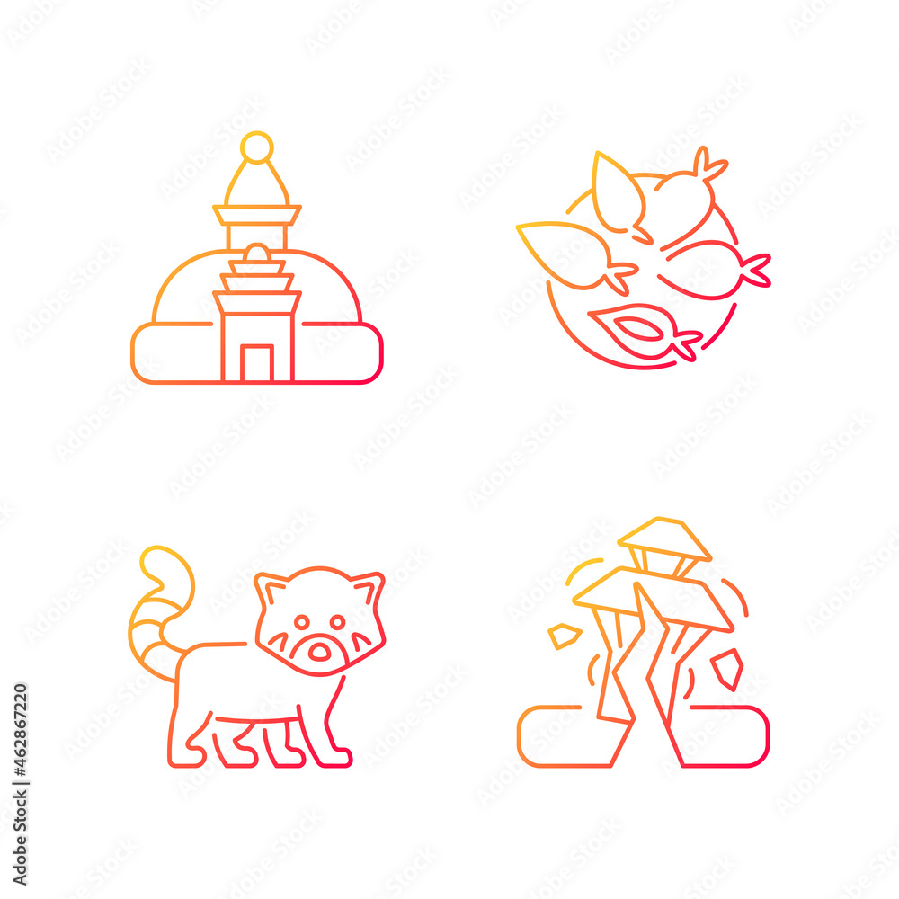 Tourism in Nepal gradient linear vector icons set. Swayambhu stupa. Nepalese cuisine. Red panda. Yomari dish. Thin line contour symbols bundle. Isolated outline illustrations collection