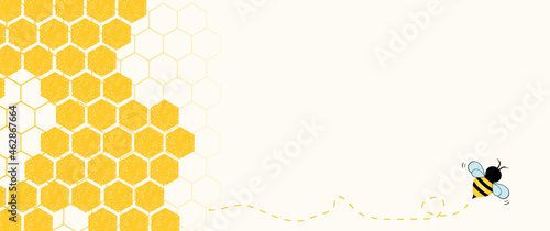 Beehive honeycomb with hexagon grid cells and bee cartoon on yellow background vector.