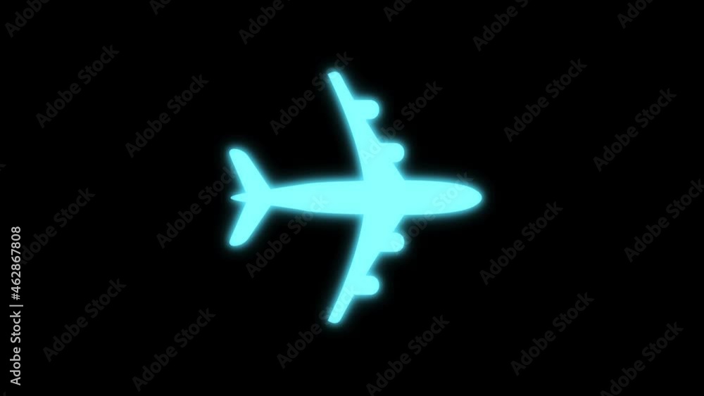 Aeroplane icon & symbol isolated on black screen in neon blue glowing light effect. Loop animation off travel journey and aeroplane. Aeroplane icon & symbol isolated on black screen in neon blue glowing light effect. Loop animation off travel journey and aeroplane.