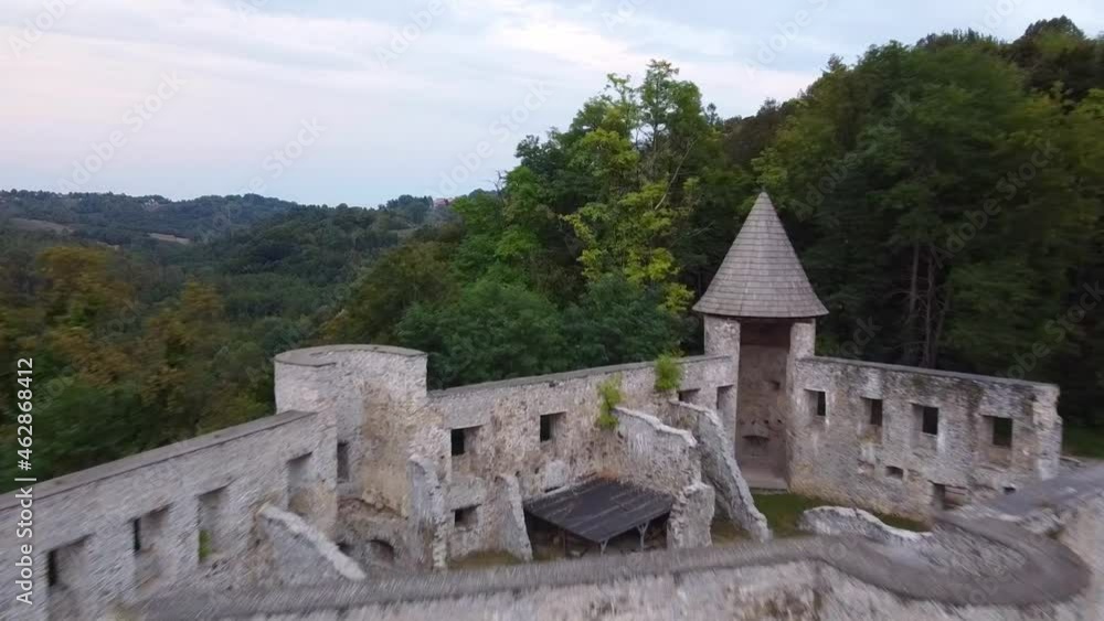 Aerial view of ruins of old medieval Frankopan fortress Novigrad and countryside landscape in Croatia Aerial view of ruins of old medieval Frankopan fortress Novigrad and countryside landscape in Croatia