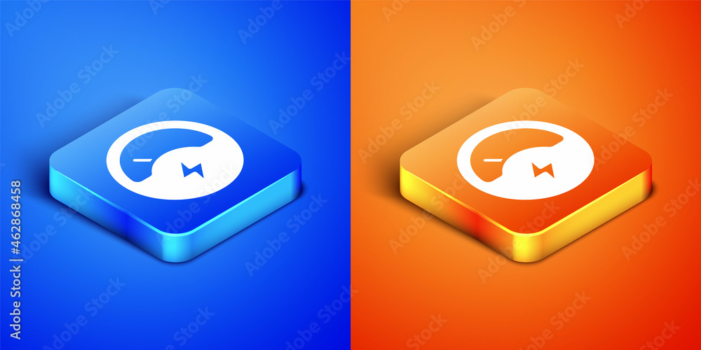 Isometric Ampere meter, multimeter, voltmeter icon isolated on blue and orange background. Instruments for measurement of electric current. Square button. Vector Isometric Ampere meter, multimeter, voltmeter icon isolated on blue and orange background. Instruments for measurement of electric current. Square button. Vector