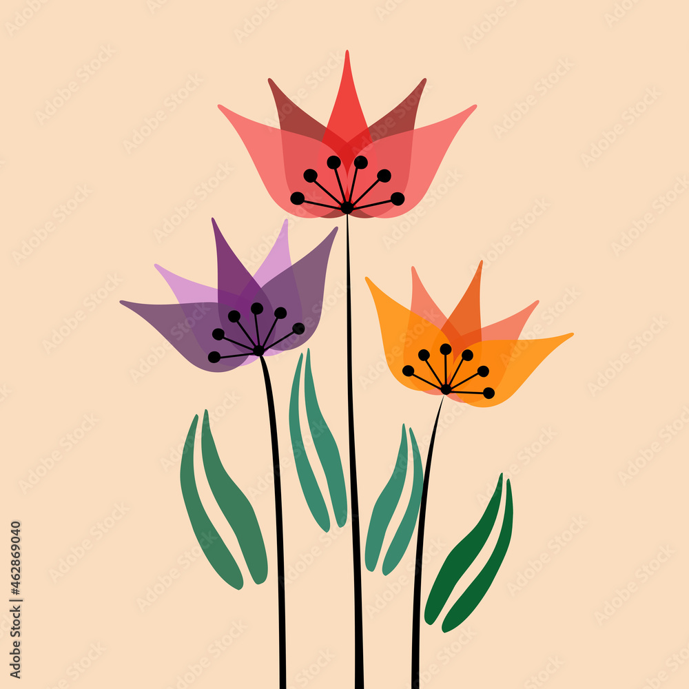 Retro style illustration of colorful tulip flowers with green leaves on pastel background