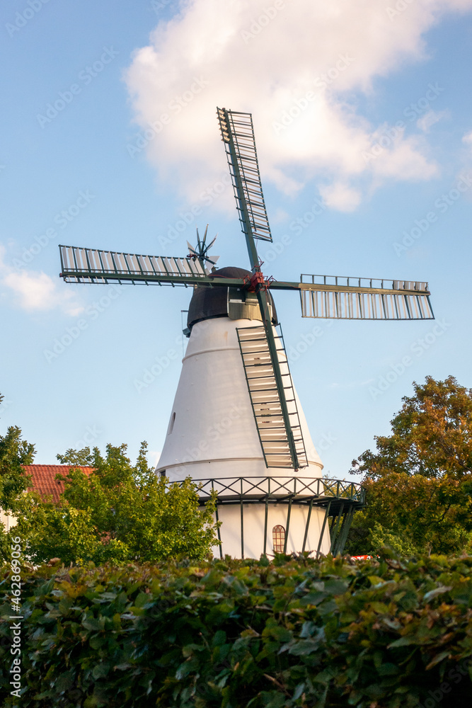 Historic white windmill in the center of Sonderborg, Denmark