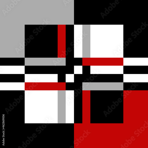 Geometric pattern illustration with stripes, rectangles and squares in red, grey, black and white colors