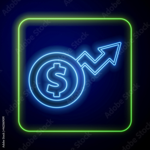 Glowing neon Financial growth dollar coin icon isolated on blue background. Increasing revenue. Vector