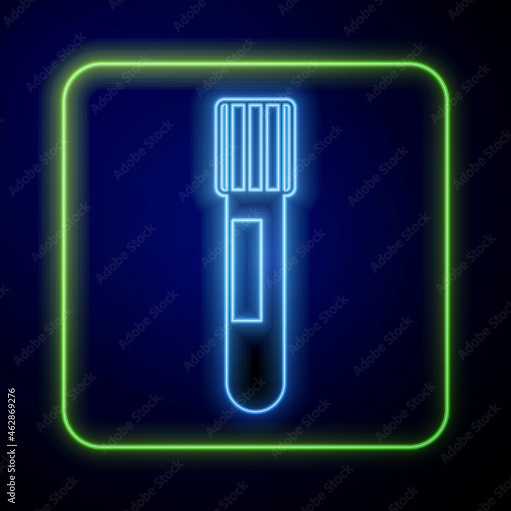 Glowing neon Test tube and flask chemical laboratory test icon isolated on blue background. Laboratory glassware sign. Vector Glowing neon Test tube and flask chemical laboratory test icon isolated on blue background. Laboratory glassware sign. Vector