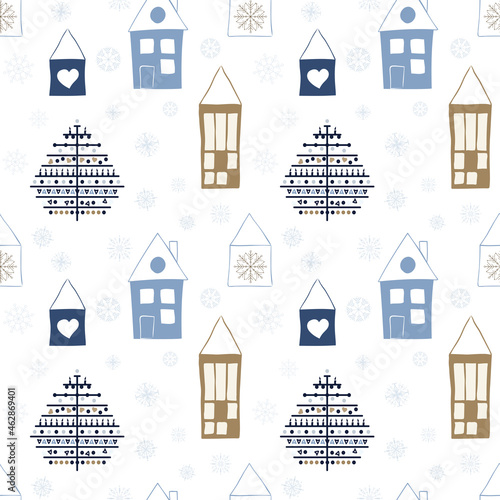 Christmas Seamless Pattern with funny winter trees, houses and snowflakes. Holiday cute festive illustration on white a background is perfect for scrapbooking, greeting cards, wrapping paper