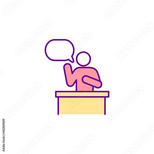 Public speaking RGB color icon. Person talking on stand. Judicial hearing on personal case. Presidential debate. Government representative. Isolated vector illustration. Simple filled line drawing