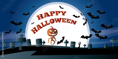 Halloween banner with text Happy Hallow showing scary elements like tombstones and flying bats. Illustration in blue orange, black and white for website, ads, promotional material or invitations.