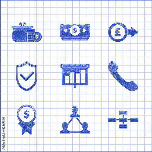 Set Presentation financial board with graph, Telephone handset, Reward for good work, Shield check mark, Coin money pound sterling symbol and Wallet coins icon. Vector