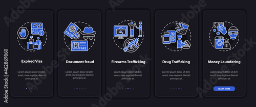 Reasons for official removal onboarding mobile app page screen. Legislation walkthrough 5 steps graphic instructions with concepts. UI, UX, GUI vector template with night mode illustrations