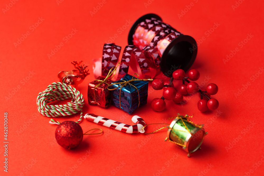 Merry Christmas and happy new year. On a red background, christmas accessories. christmas concept billboard, banner.
Merry Christmas and happy new year. On a red background, christmas accessories. christmas concept billboard, banner.