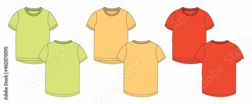 Multi color Neon, Red, golden yellow color Short sleeve T-shirt Technical sketch fashion template for Women's. Vector art illustration Clothing mock up front and back view isolated on white background