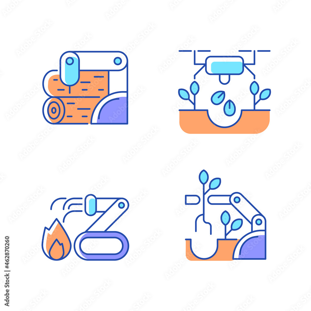 Automation for wellbeing RGB color icons set. Wood processing. Drones for planting. Firefighter robot. Automated harvesting. Isolated vector illustrations. Simple filled line drawings collection