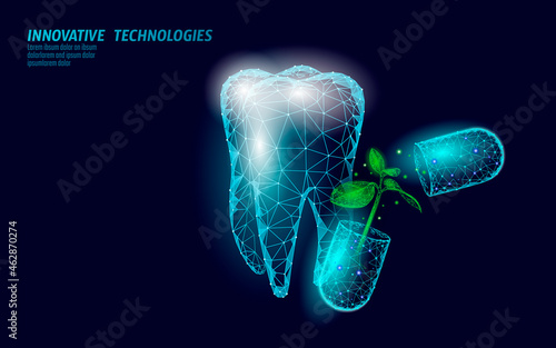 3D natural tooth care probiotics capsule concept. Anatomical molar tooth healthy enamel herbal alternative remedy. Homeopathy bacterial therapy dental vector illustration