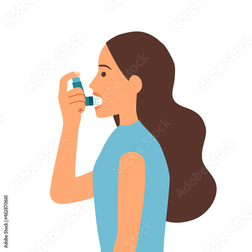 Woman using asthma inhaler against allergic attack in flat design on white background.